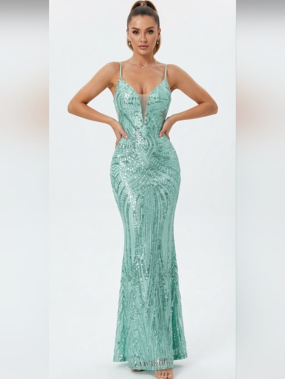 Mint Green, Geo Print, Sleeveless, Beaded Draped Back, Sequined Mermai…CUSTOM